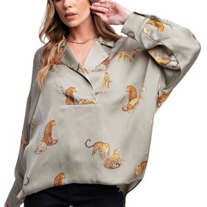 🌺 Easel Leopard Cheetah Print Button down Dull Satin Blouse Shirt S M L NEW